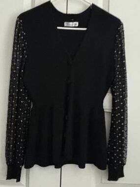 89th + Madison Black V-Neck Button Cardigan Sweater M Sheer Lace Sleeves NWT